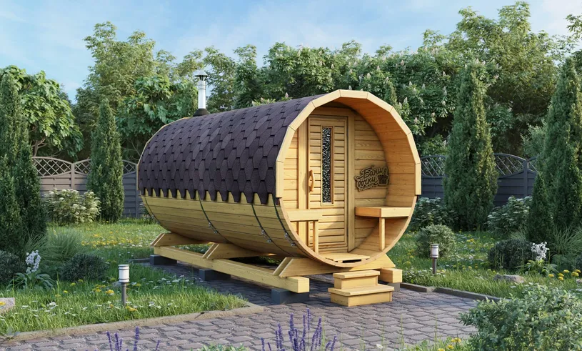Баня бочка Люкс с крыльцом