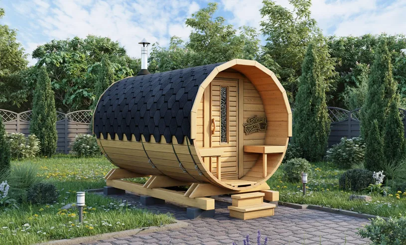 Баня бочка Стандарт с крыльцом Баня бочка Стандарт с крыльцом